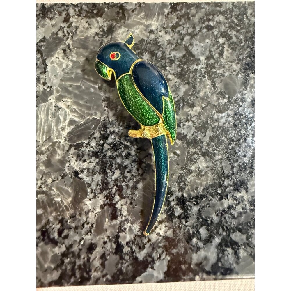 Vintage Gold & Enamel Parrot Brooch Pin With Green & Blue Detailing